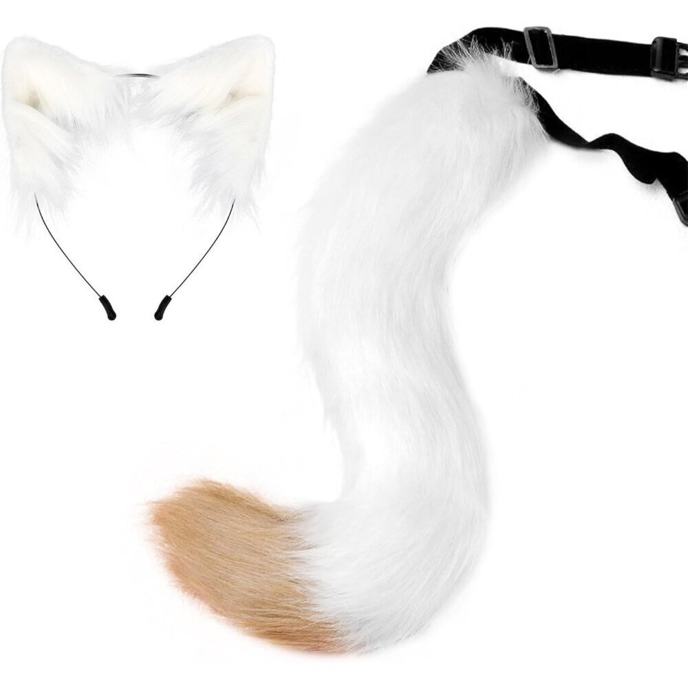 🆕 Halloween White Faux Fur Cat Fox Ears Headband Wolf Tail Party Costume Adult